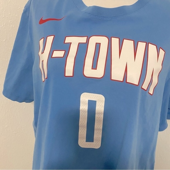 NBA Nike Tee H-Town “Russell Westbrook 0” Light Blue Name & Number T-Shirt XL - Picture 1 of 5